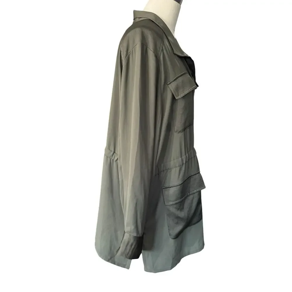 Chicos Semi Sheer Cargo Blouse 4 Front Pockets Olive Size 16 PETITE Snap Closure